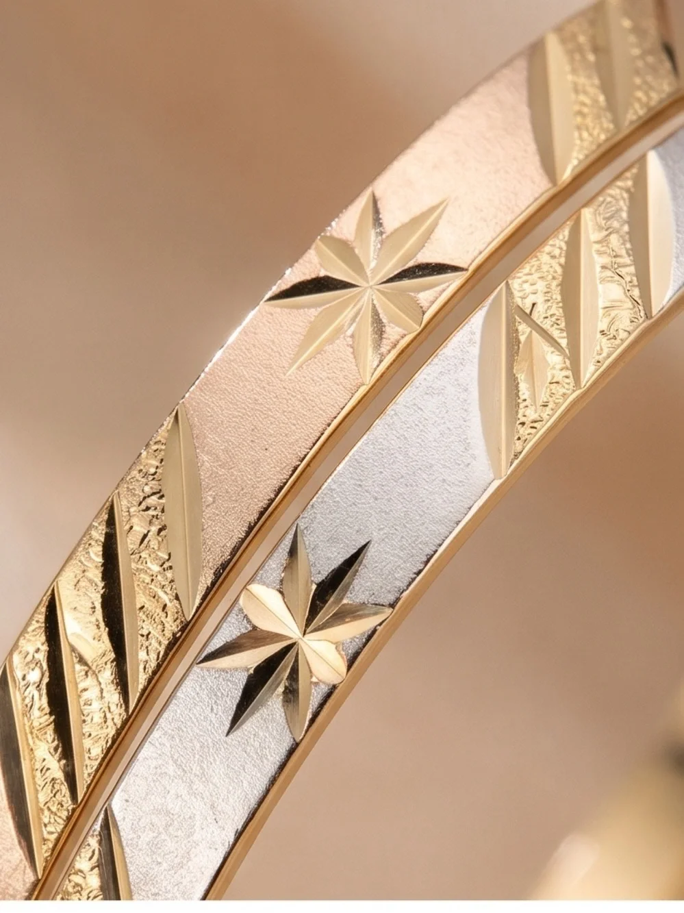 Gold Stainless Steel Bangle Bracelet Set - Elegant Star Accents